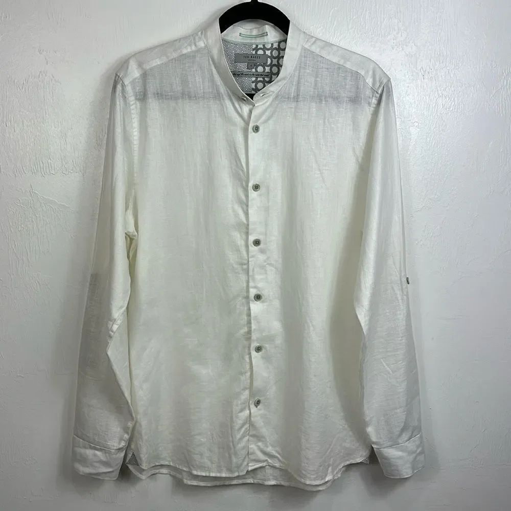 Ted Baker Long Sleeve Band Collar Button Down Shirt In White Size L